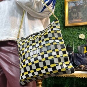 Vintage Miu Miu Woven Leather Yellow, Grey, Black, White Top Handle Zip Tote